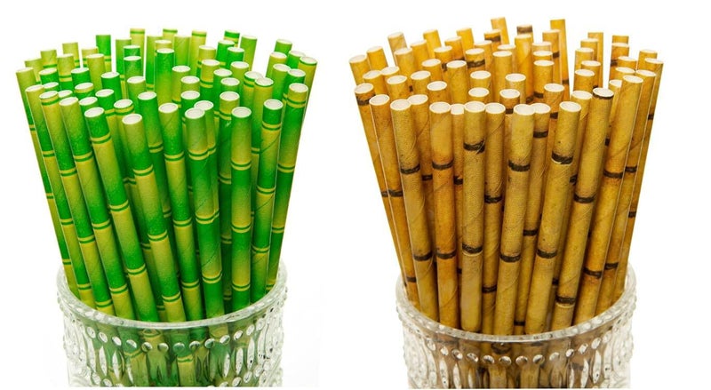 YEHAM 100 Pc 2 Colors Biodegradable Bamboo Print Paper Drinking Straws for Juices Shakes Birthday Wedding Party Supplies - Image 1